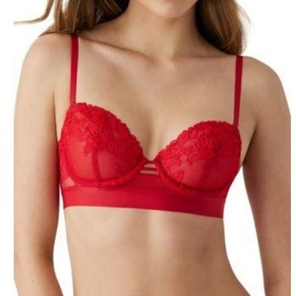 B.Tempt'd by Wacoal Lace Balconette Bra Red‎ Underwire Sheer Strappy 34DD